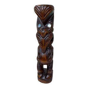 Authentic New Zealand Maori Carved Wooden Tiki Statue Shell Eyes Moana Cultural
